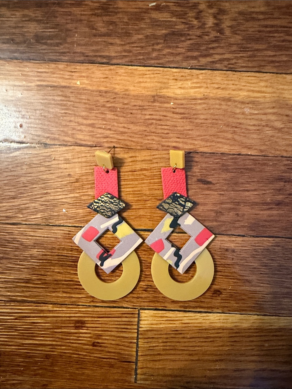 Multicolor Geometric Drop Earrings in Mustard & Coral